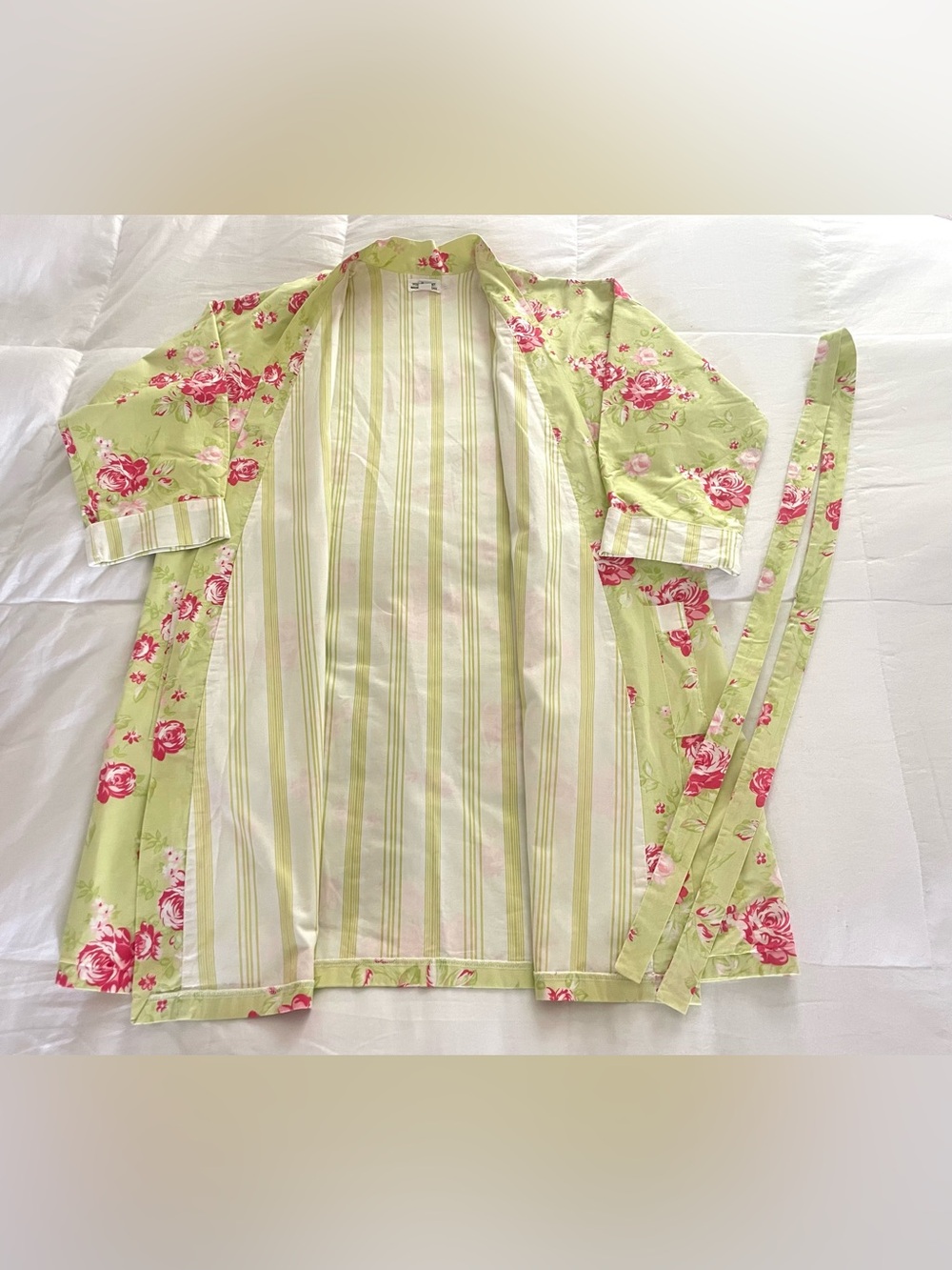 Kimono Outer Coat or Robe Sage w Pink Roses & Stripes Heavy Cotton M/L